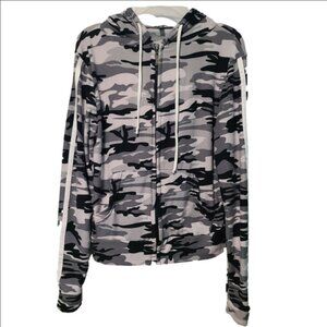 Grey Camo Fashion Nova Striped Long Sleeve Hooded Full Zip Up Hoodie Sweater M